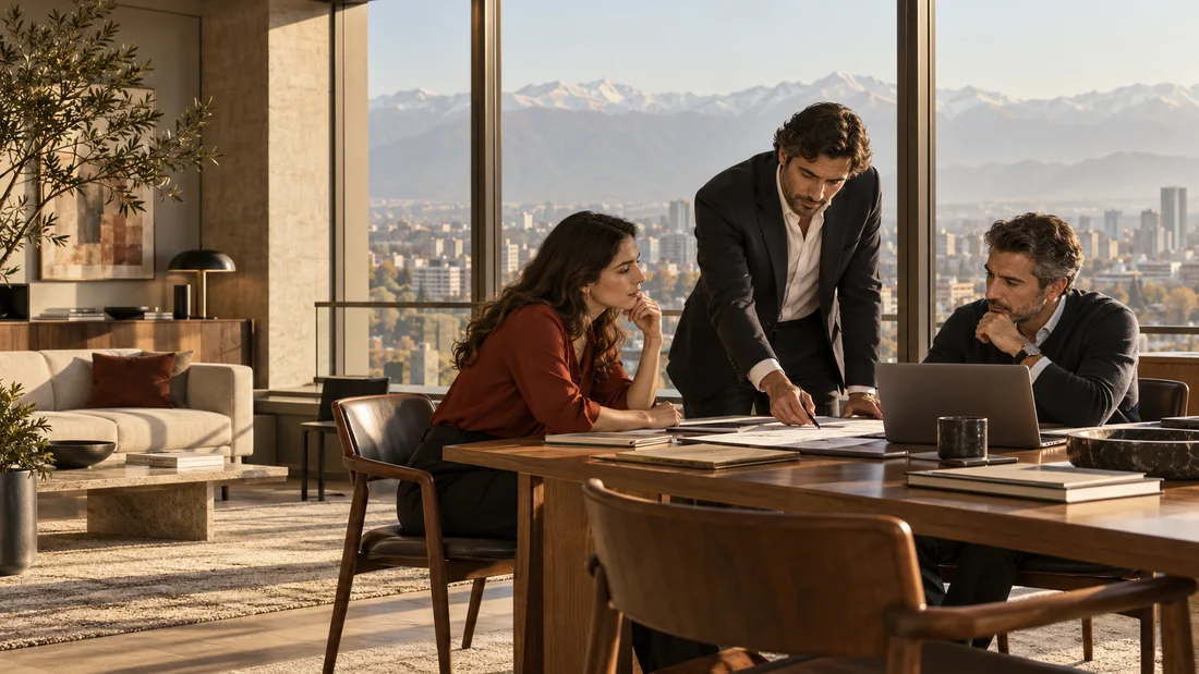 Visualización de un equipo comercial trabajando en una oficina luminosa en Santiago